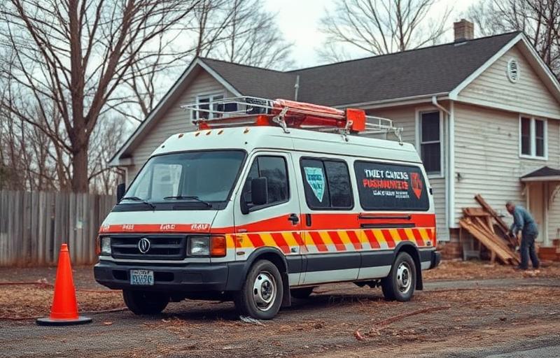 Contractor van at an unfinished siding job site with warning signs