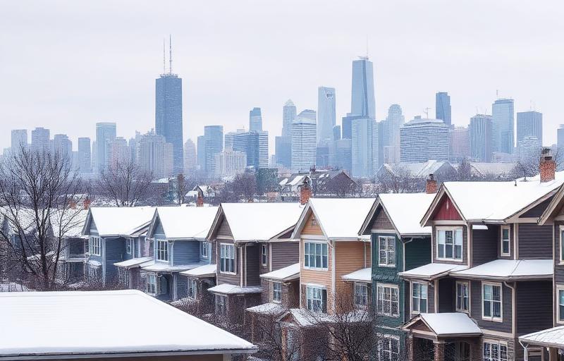Chicago neighborhood homes with snow-covered roofs and city skyline