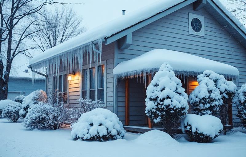 House covered in snow and icicles during winter