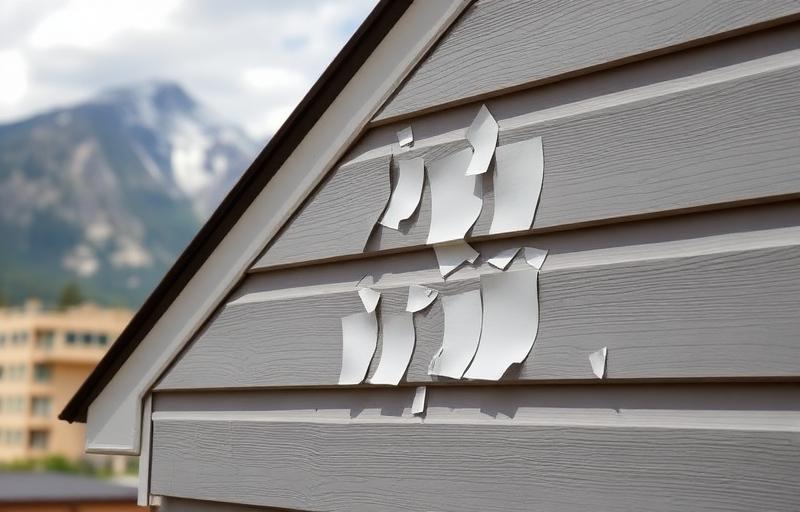 Hail damaged siding on a Colorado home with Rocky Mountains in background