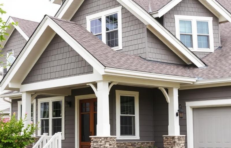 Craftsman style home with grey fiber cement siding and white trim