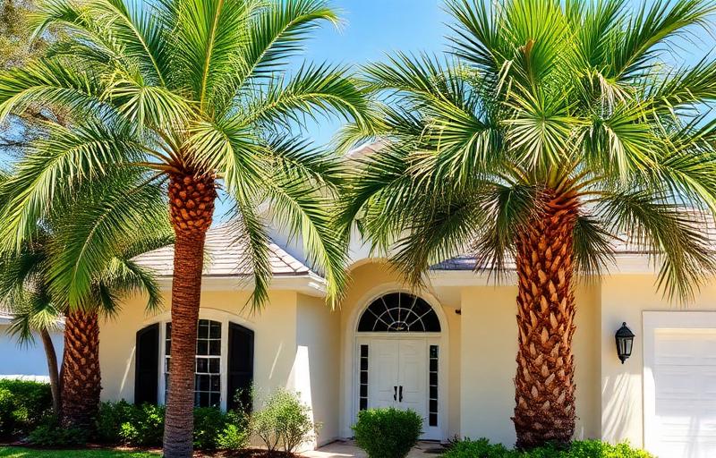 Florida home exterior with palm trees in humid tropical setting