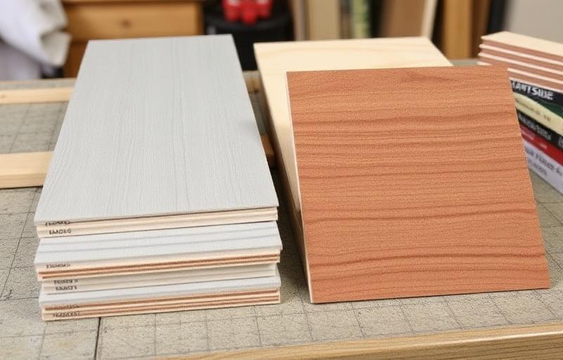 Hardie Board and LP SmartSide siding material samples on workbench