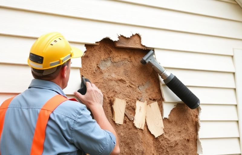 Contractor inspecting rotted sheathing behind removed siding