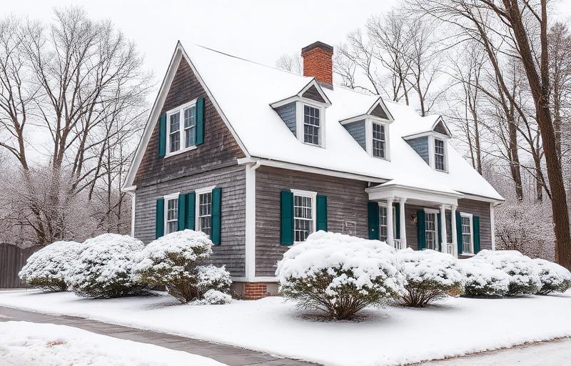 New England colonial home in Massachusetts winter with snow