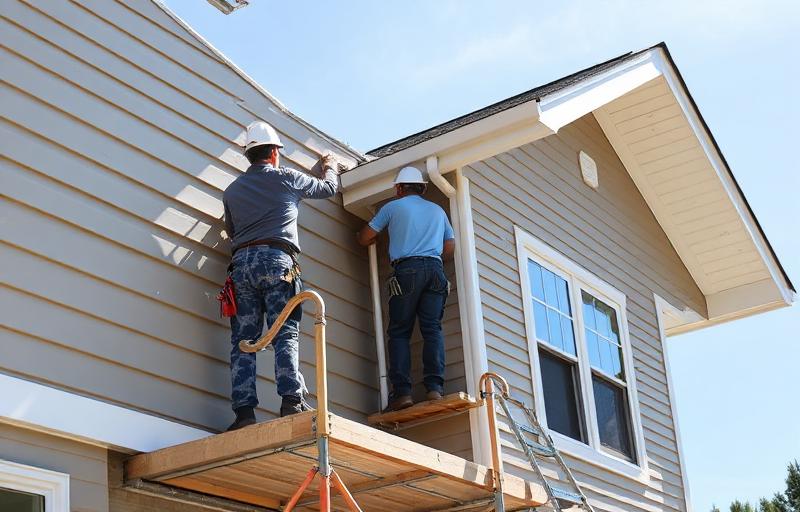 Workers installing siding panels on a residential home