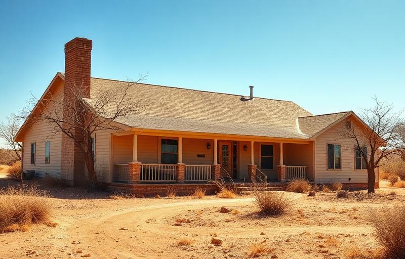 Texas ranch style home in extreme summer heat with dry landscape