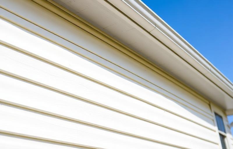 Close-up of white vinyl siding panels on a suburban home