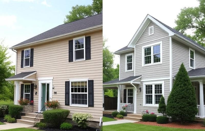 Side by side comparison of vinyl and fiber cement siding on homes