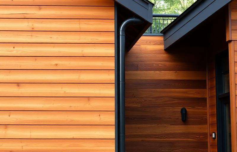 Natural cedar wood siding next to engineered wood siding on a modern home